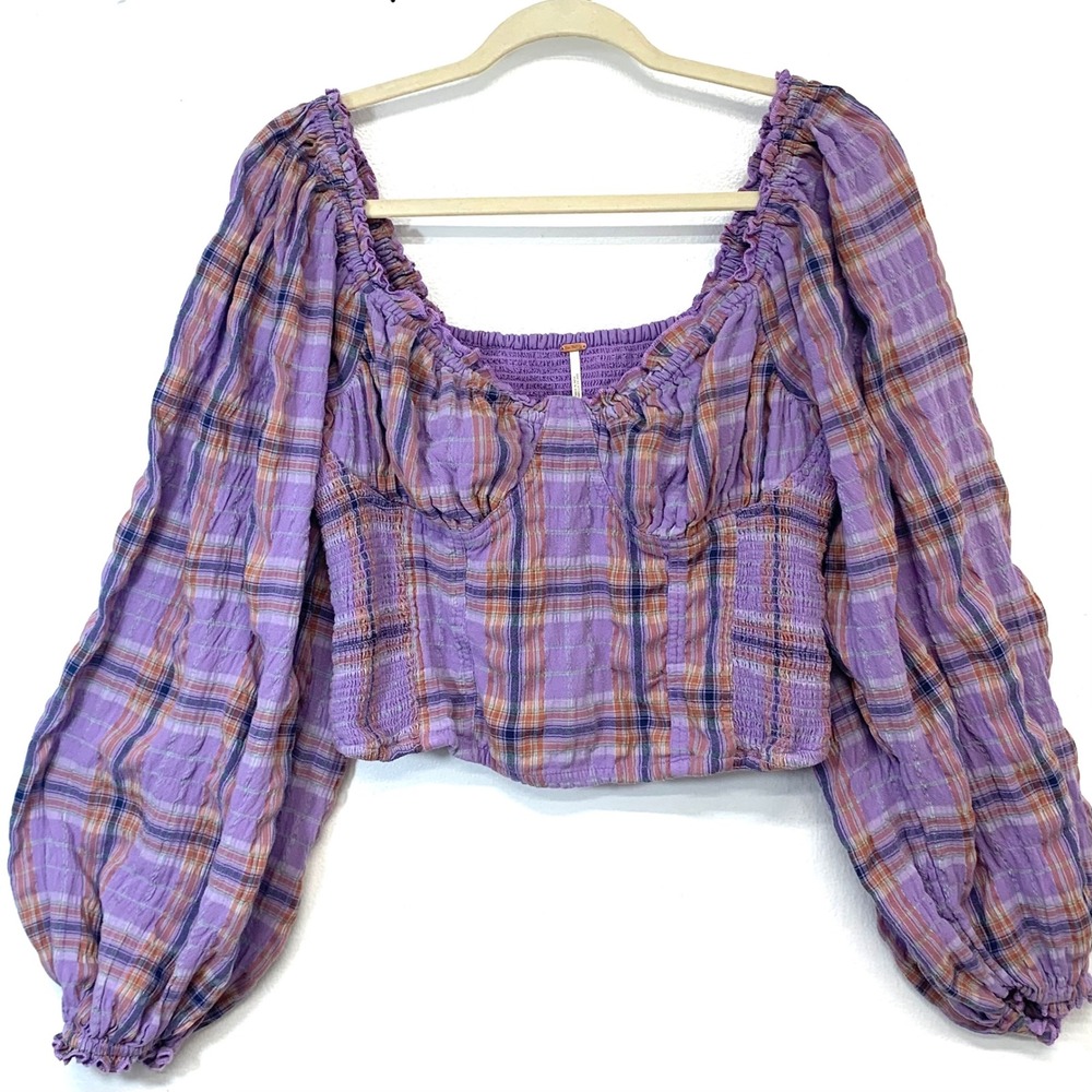 Free People Purple Plaid Smocked Balloon Sleeve Crop Top Large Boho Cottagecore